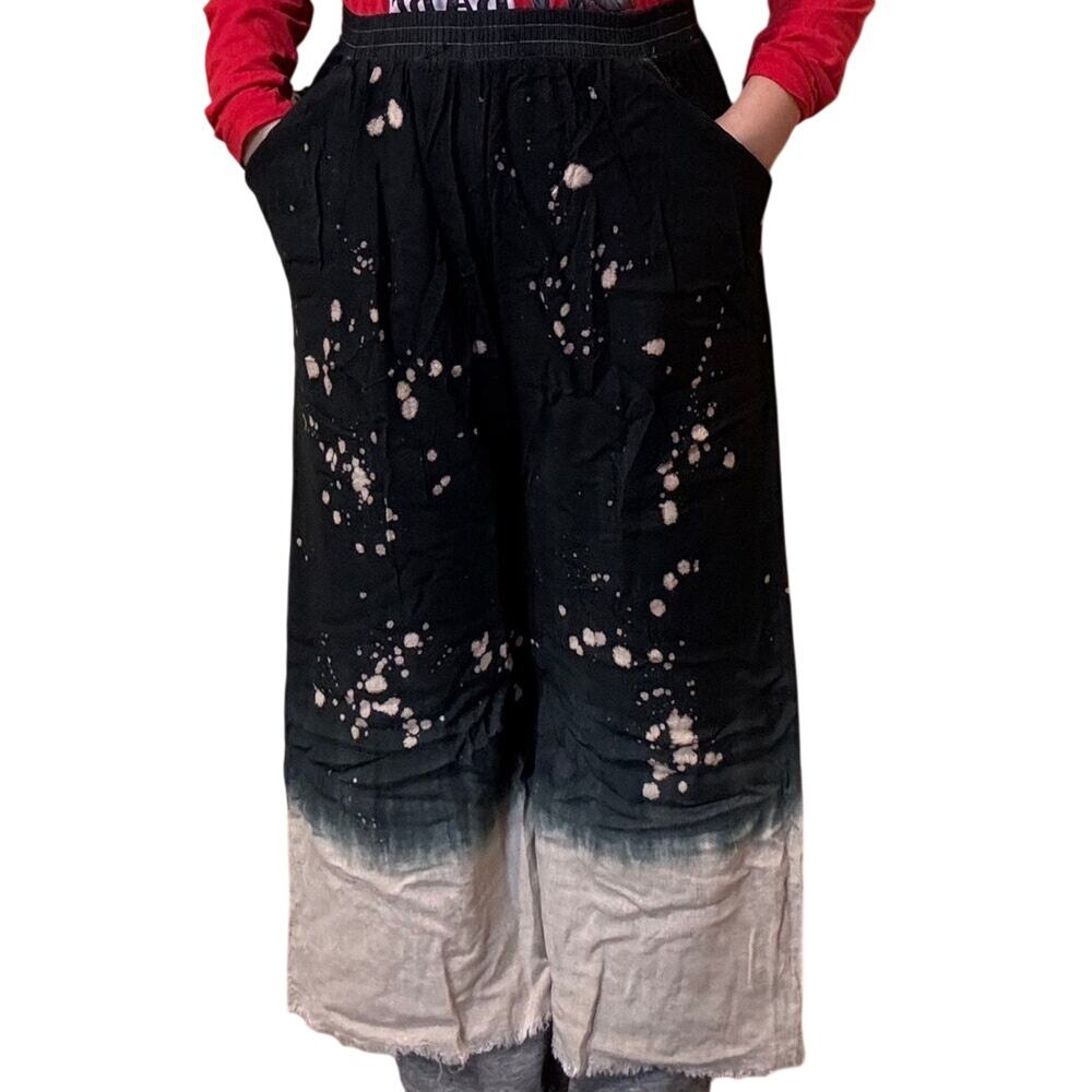 R33-2X NWT Umgee Linen Blend Bleach Dip Dye Elastic Waistband Wide Leg Pants